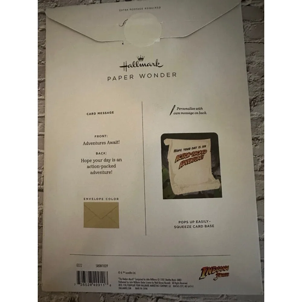 Indiana Jones - Hallmark Paper Wonder Pop-up card with envelope, light and music